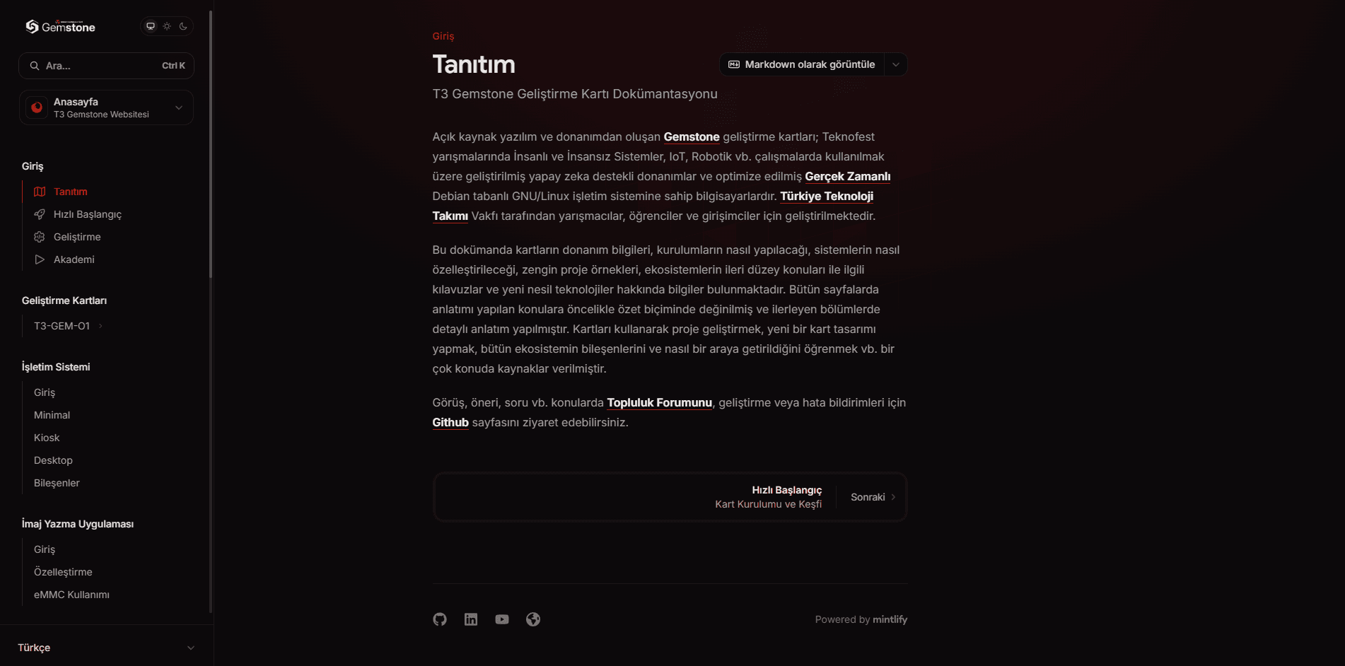 T3 Gemstone dokümantasyon arayüzü — Tanıtım sayfası